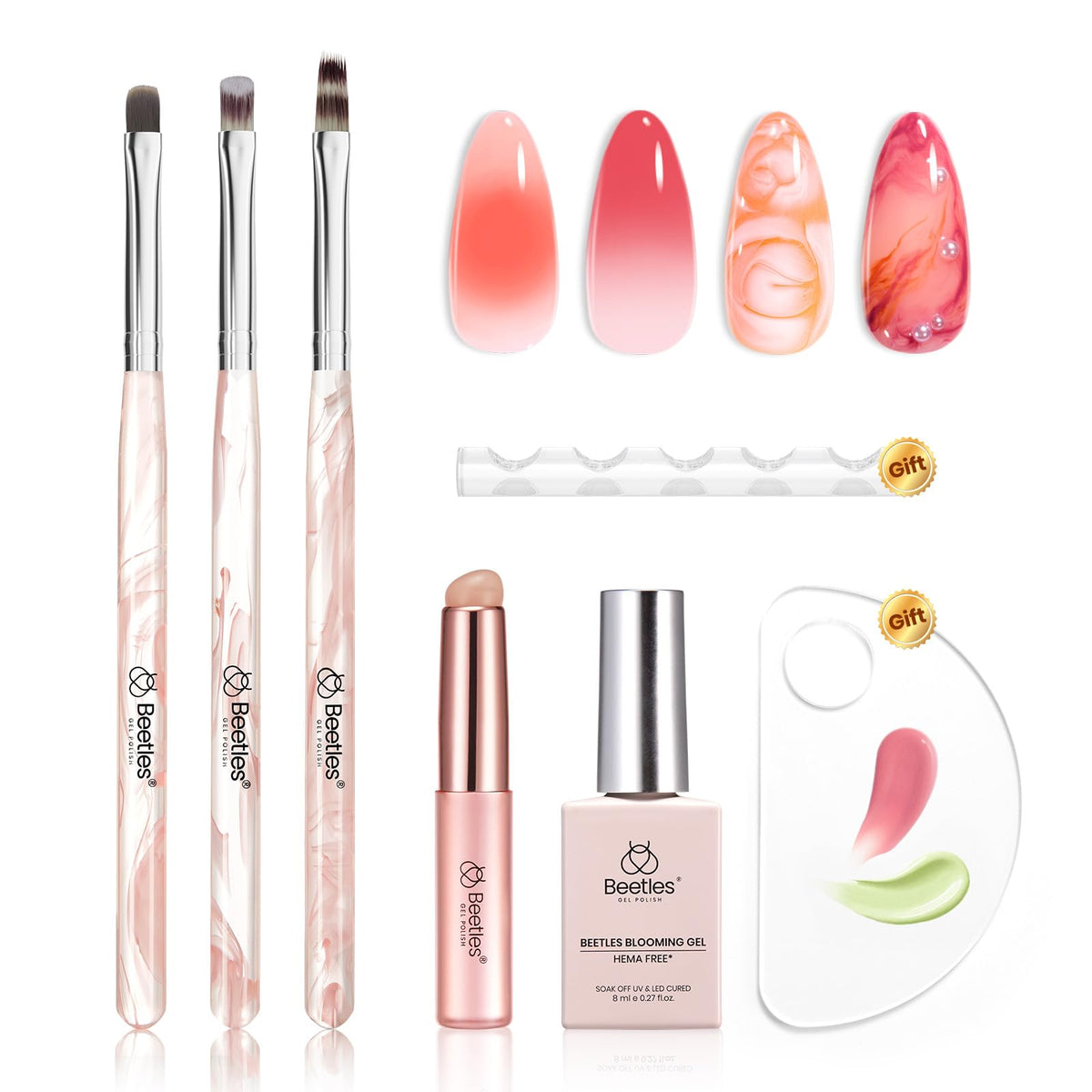 Beetles Blooming Gel oval brush shown for precise lines and gradient nails