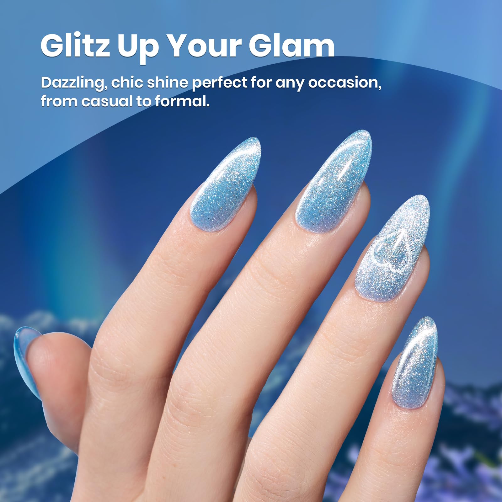 Beetles Blue Cat Eye nails after curing showcase long-lasting shimmer.