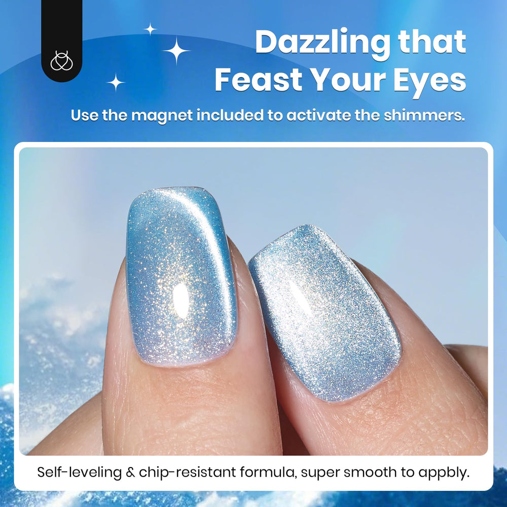 Beetles Blue Cat Eye swatches under UV lamp highlight glossy finish.