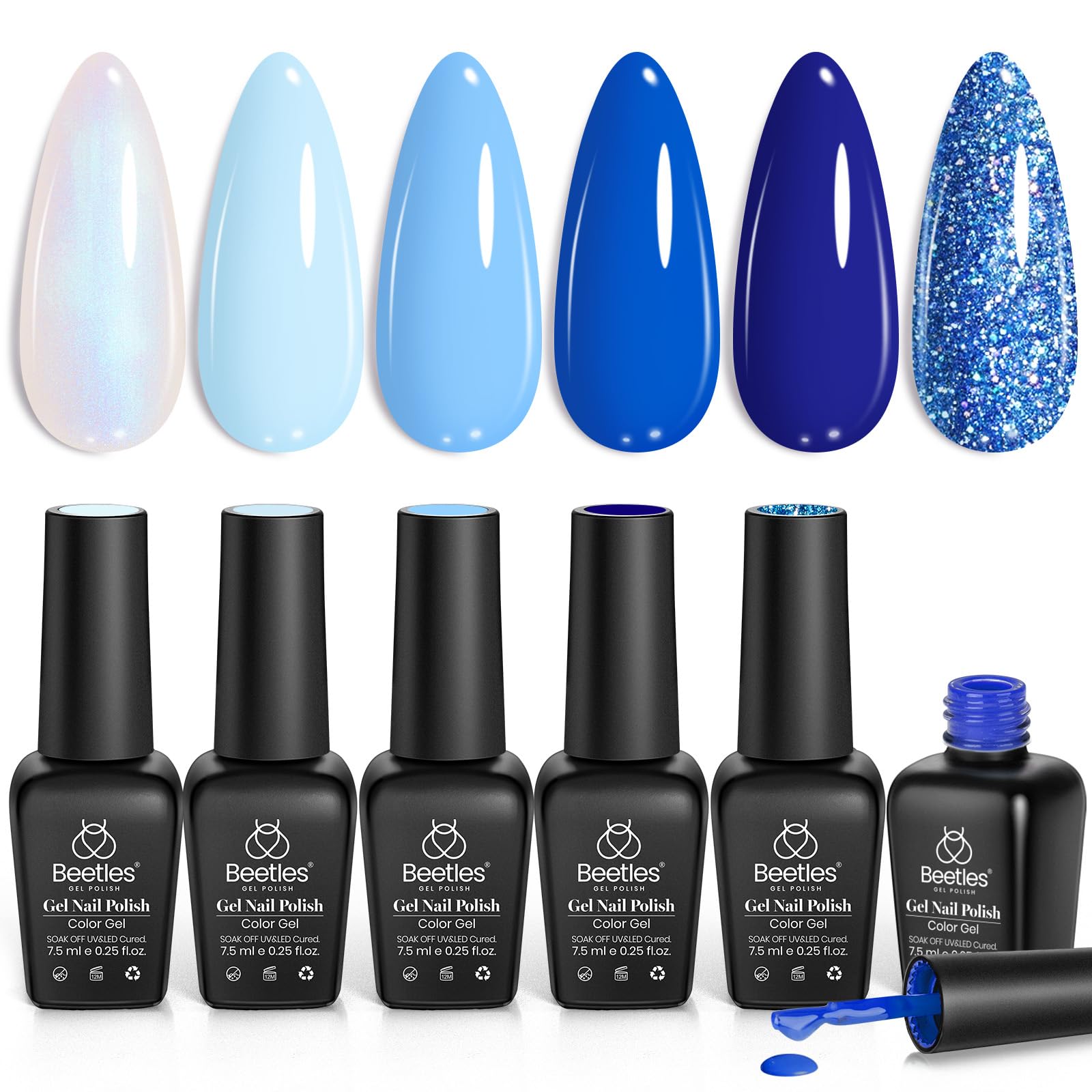 Beetles Blue Gel Nail Polish Aquarius Holy Water swatches show six winter glitter shades for elegant nails.