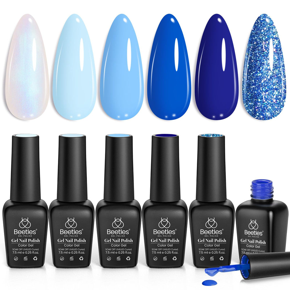 Beetles Blue Gel Nail Polish Aquarius Holy Water swatches show six winter glitter shades for elegant nails.