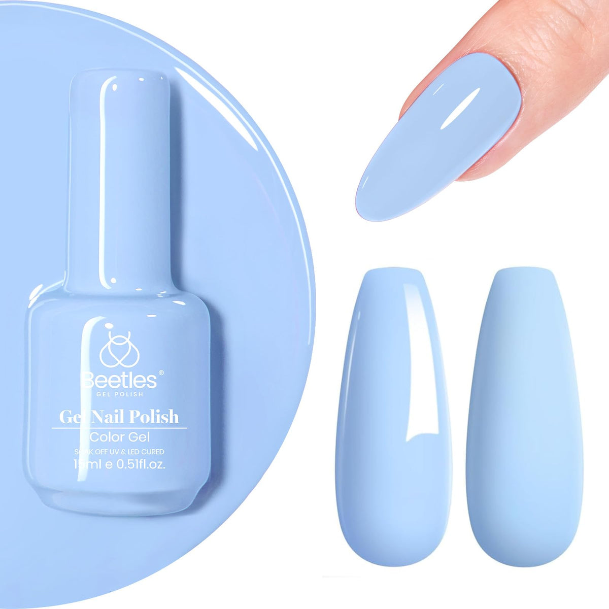 Beetles Blue Gel Polish bottle closeup with rich color and long-lasting shine