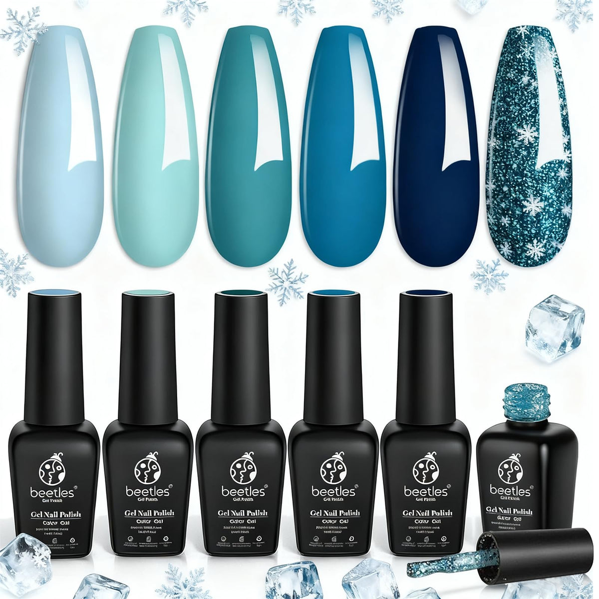 Beetles Gel Polish Iceland Lagoon bottle swatch shows icy blue tone for chic winter nails.