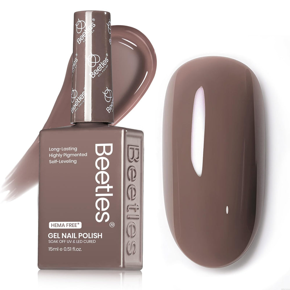 Beetles Brown Gel Nail Polish bottle shows latte shade, gentle formula for nails.