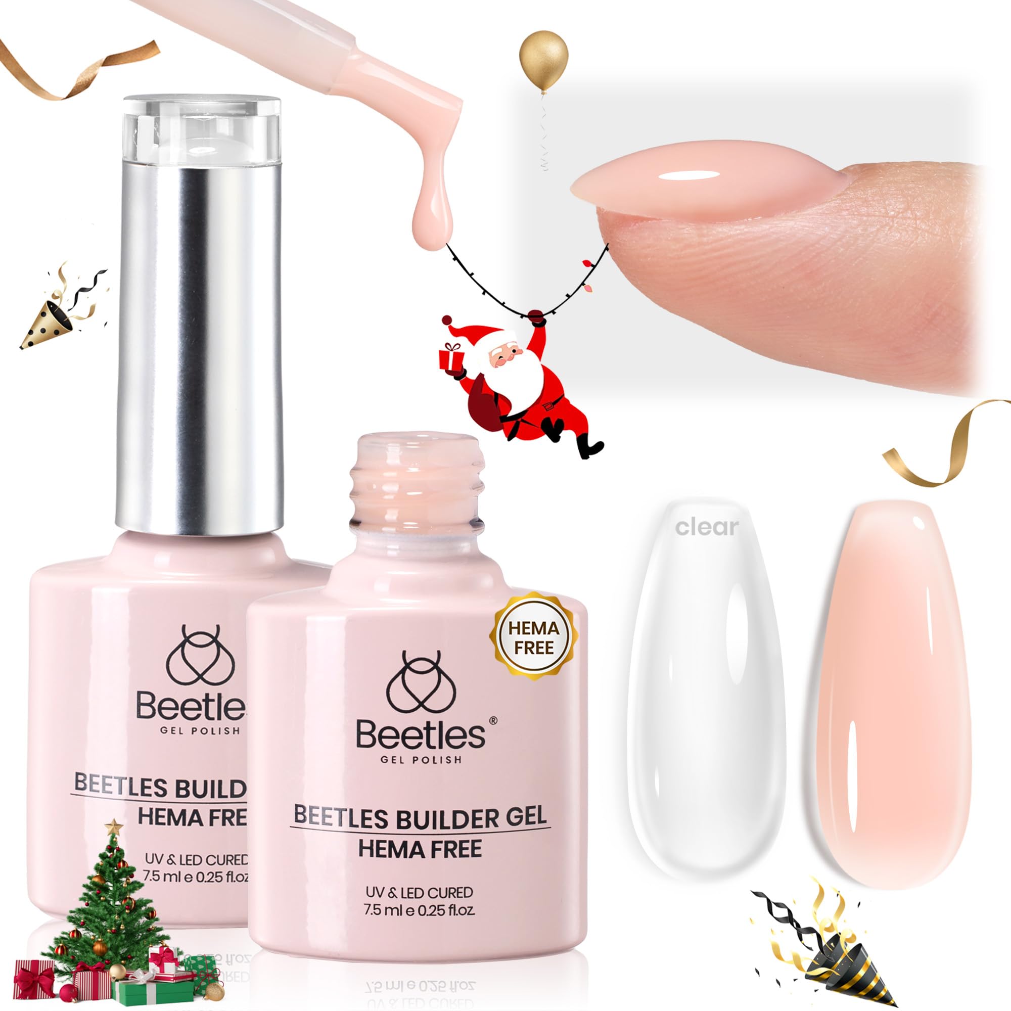 Beetles Builder Gel 2-color set with clear and nude for natural overlays and extensions.