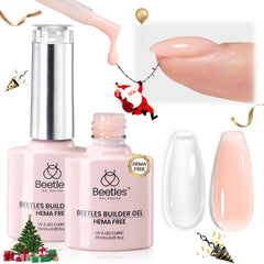 Beetles Builder Gel 2-color set with clear and nude for natural overlays and extensions.