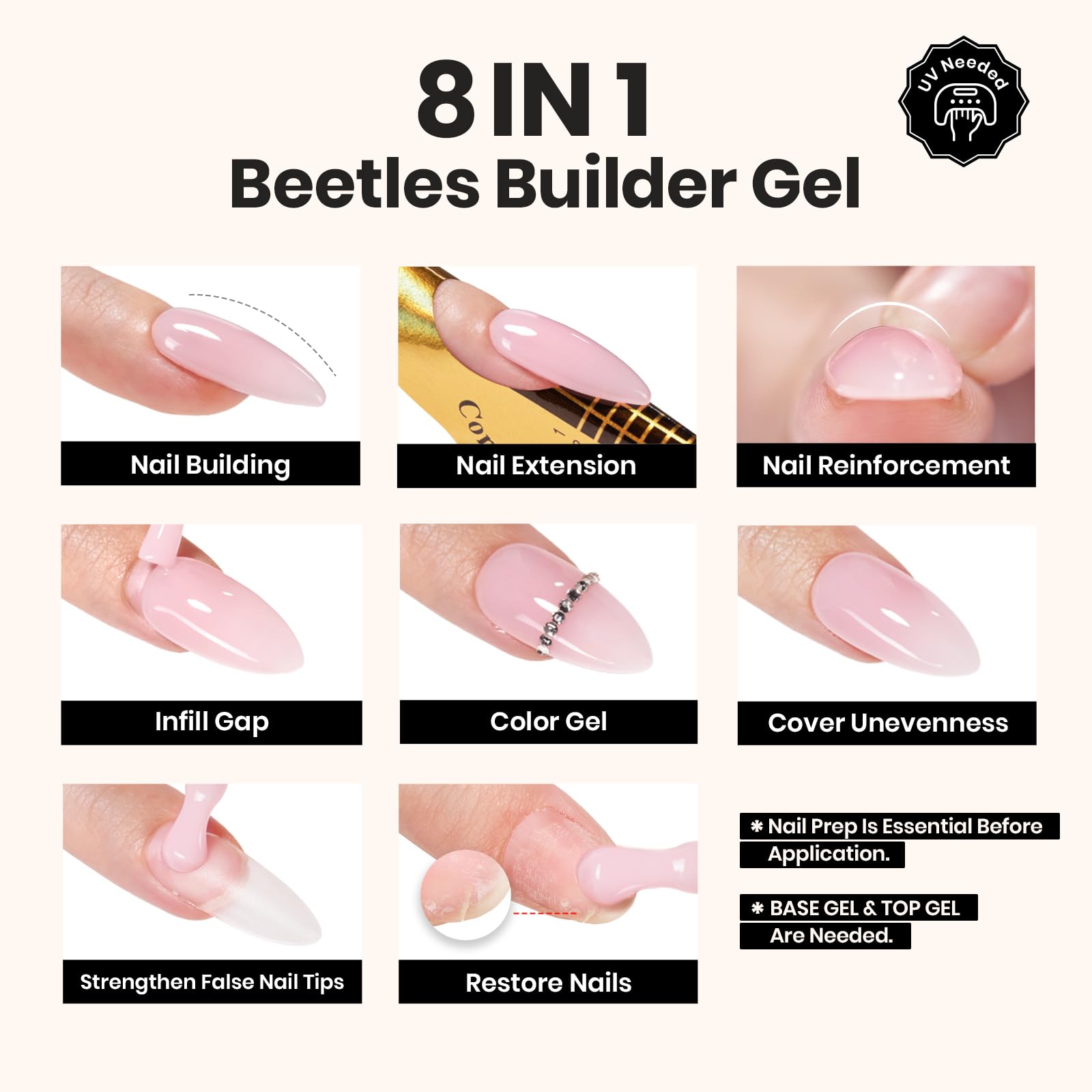 Beetles Builder Gel apex-building extension steps image demonstrates strength and natural look