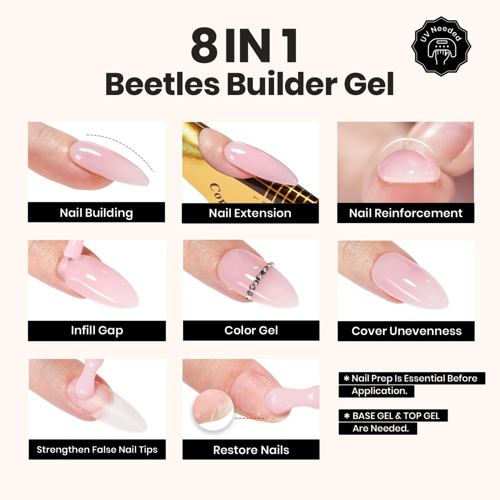 Beetles Builder Gel apex-building extension steps image demonstrates strength and natural look