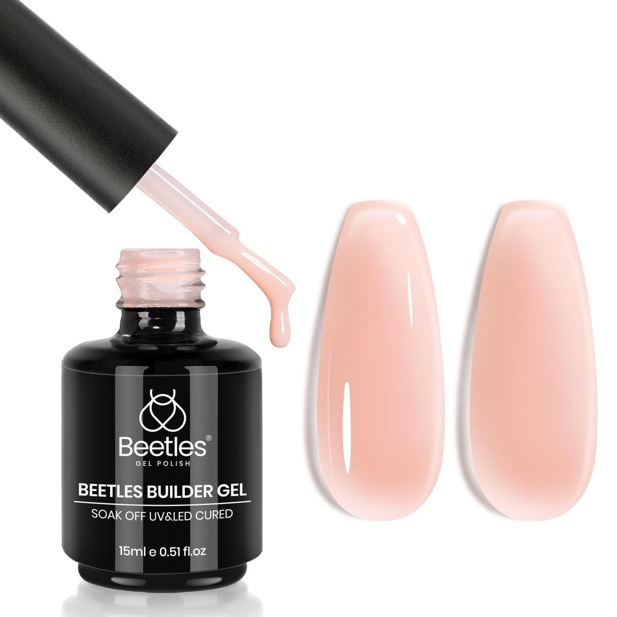 Beetles Builder Gel bottle closeup showing jelly nude shade for natural-looking nails easy manicure.