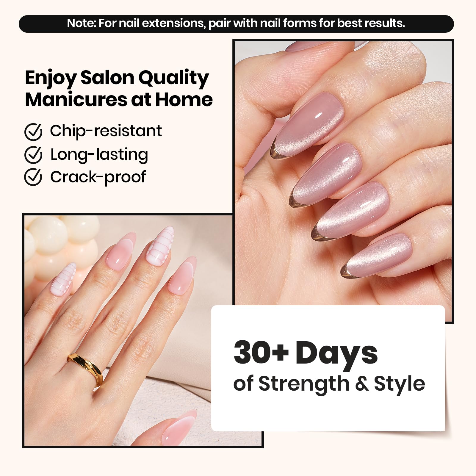 Beetles Builder Gel extension-forms shows versatile use with tips or forms