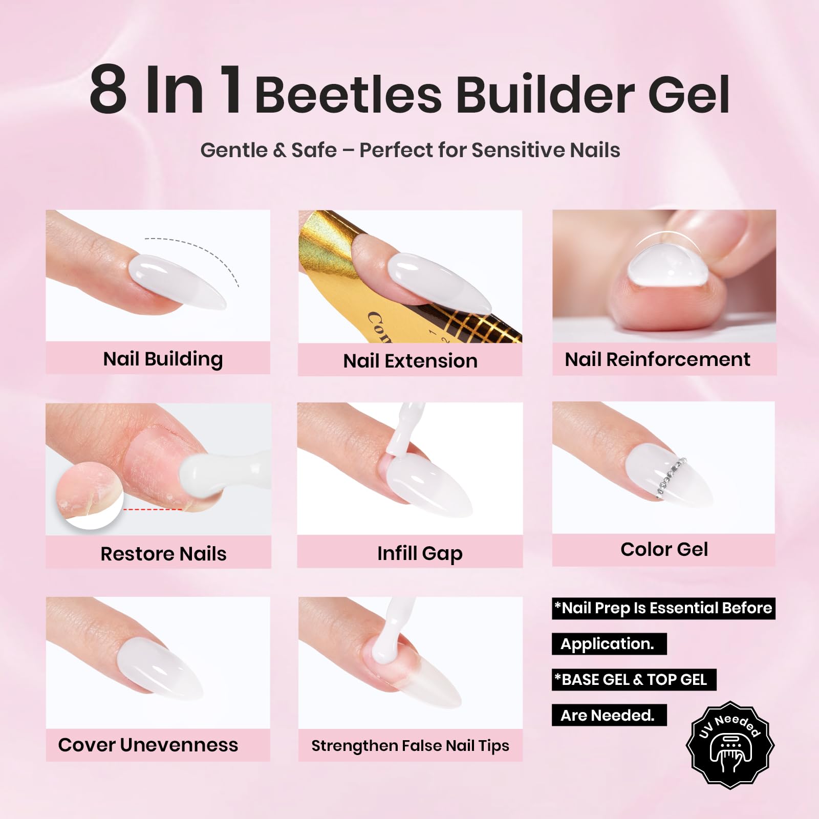 Beetles Builder Gel white-glitter-overlay demonstrates bold sparkle without hiding base shade.