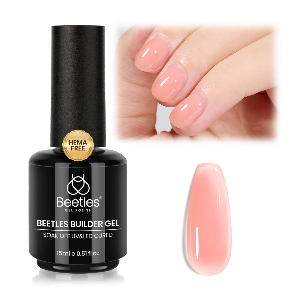 Beetles Builder Gel nude pink jelly texture on nails for natural coverage.
