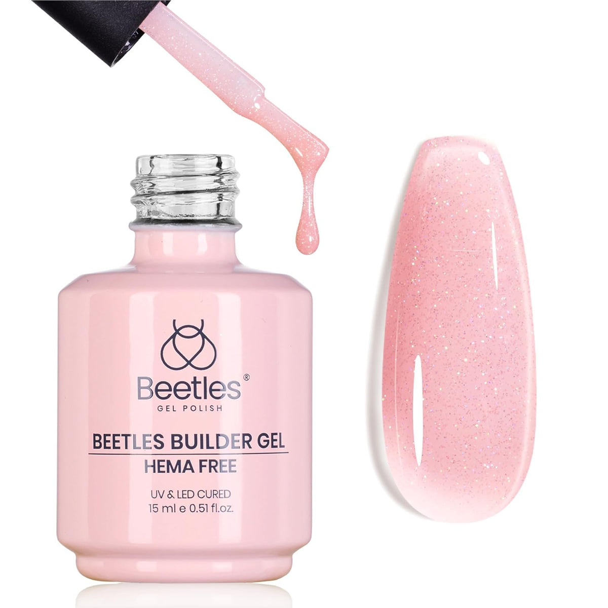 Beetles Builder Gel rosa brillo con apex definido para uñas fuertes.