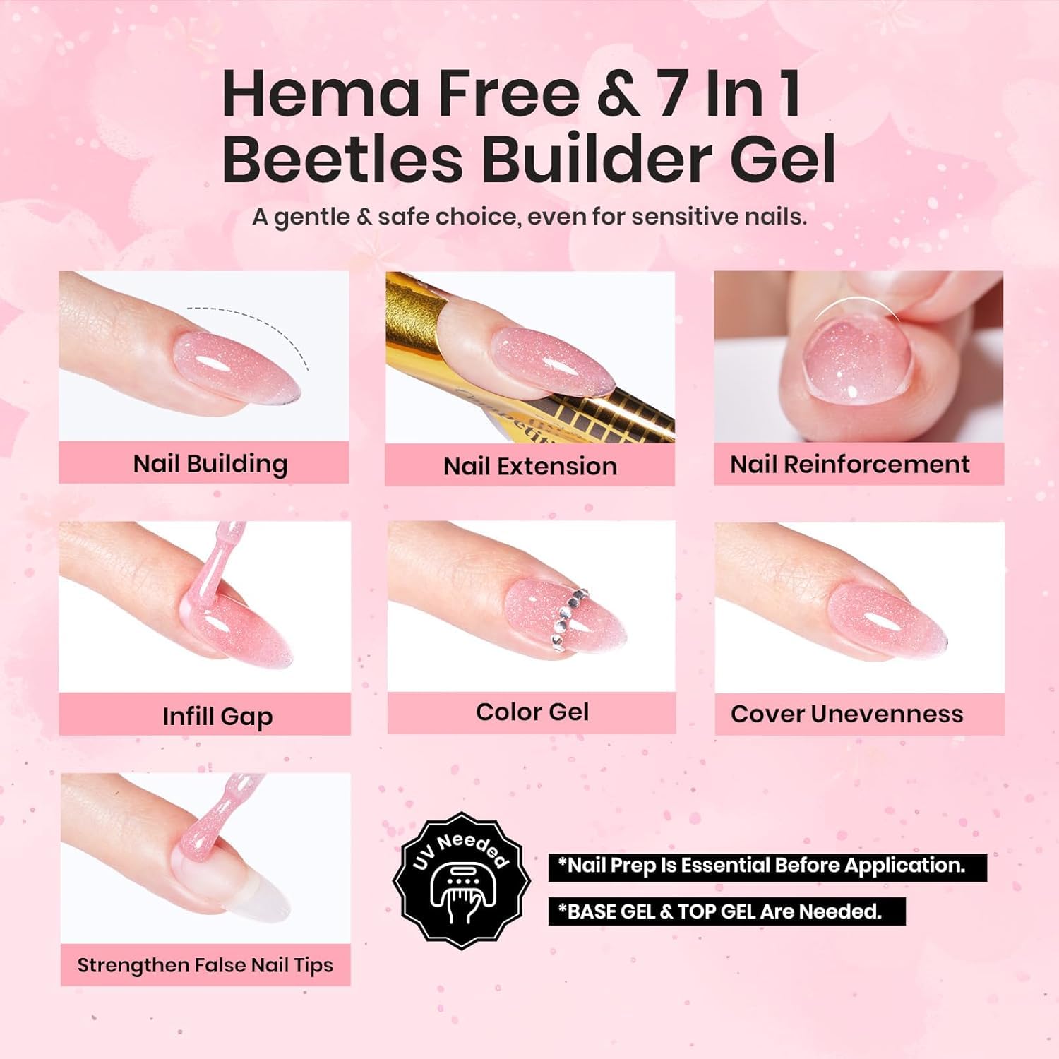 Beetles Builder Gel rosa brillo para extensión de uñas con acabado suave.