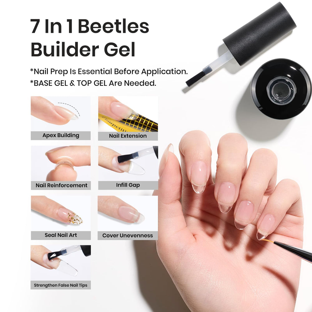 Beetles Builder Gel self-leveling texture assists easy, smooth nail application.