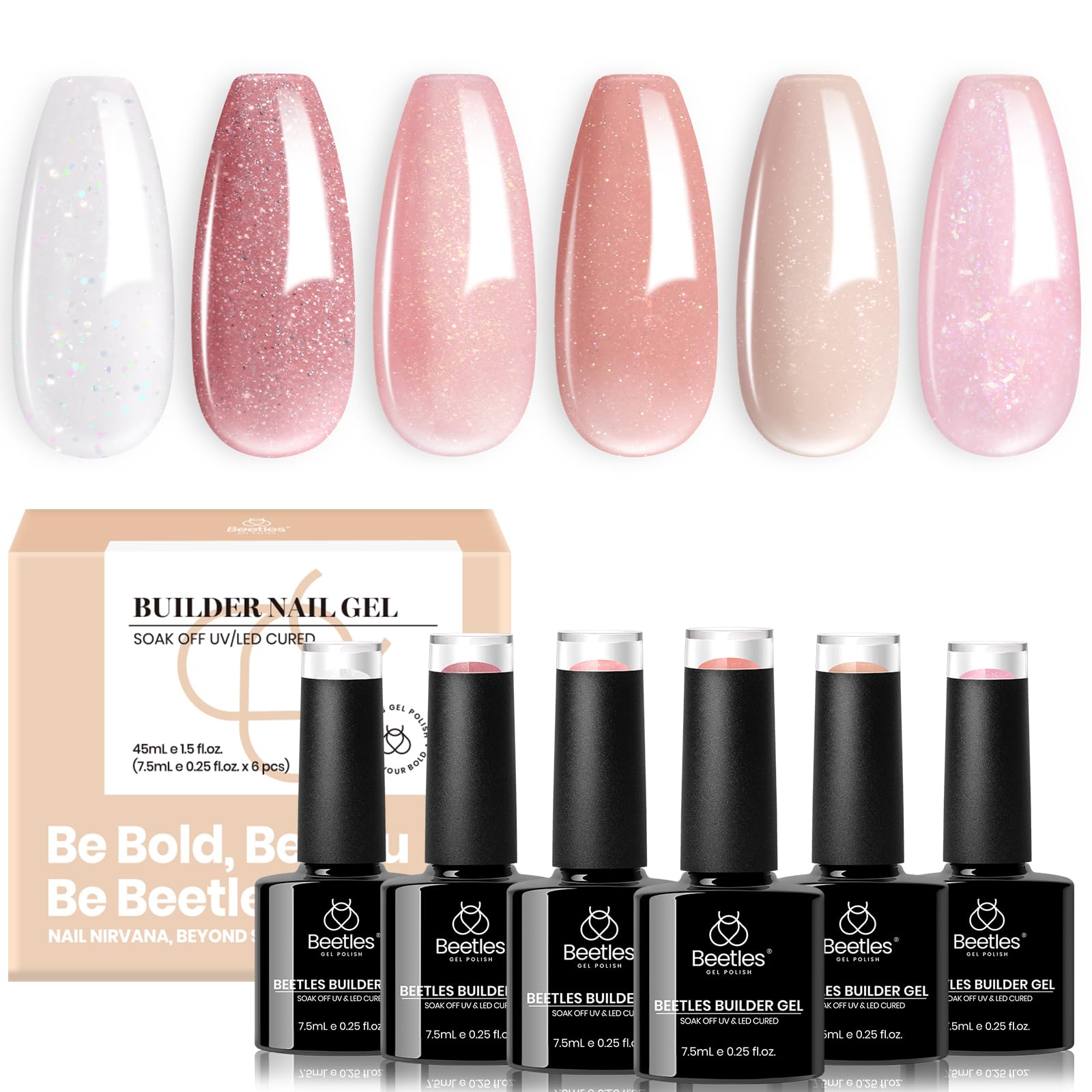 Beetles Builder Gel Set bottles display six glitter colors for versatile nail design