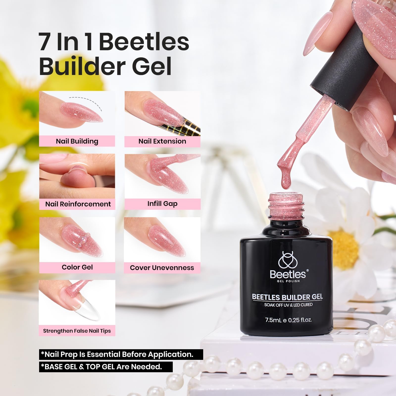 Beetles Builder Gel Set color swatches show nude-pink glitter options for quick matching