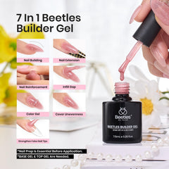 Beetles Builder Gel Set color swatches show nude-pink glitter options for quick matching