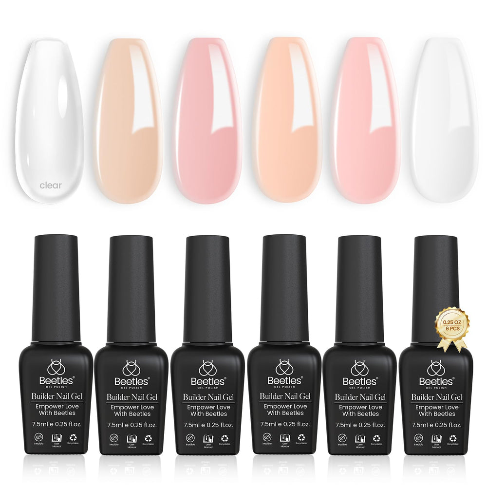 Beetles Builder Gel Set packaging shows soft nude whisper colors for natural overlays.