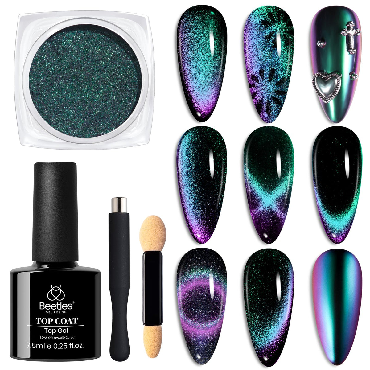 Beetles Cat Eye Chrome Powder Set jar shows rainbow chrome effect for metallic nails.