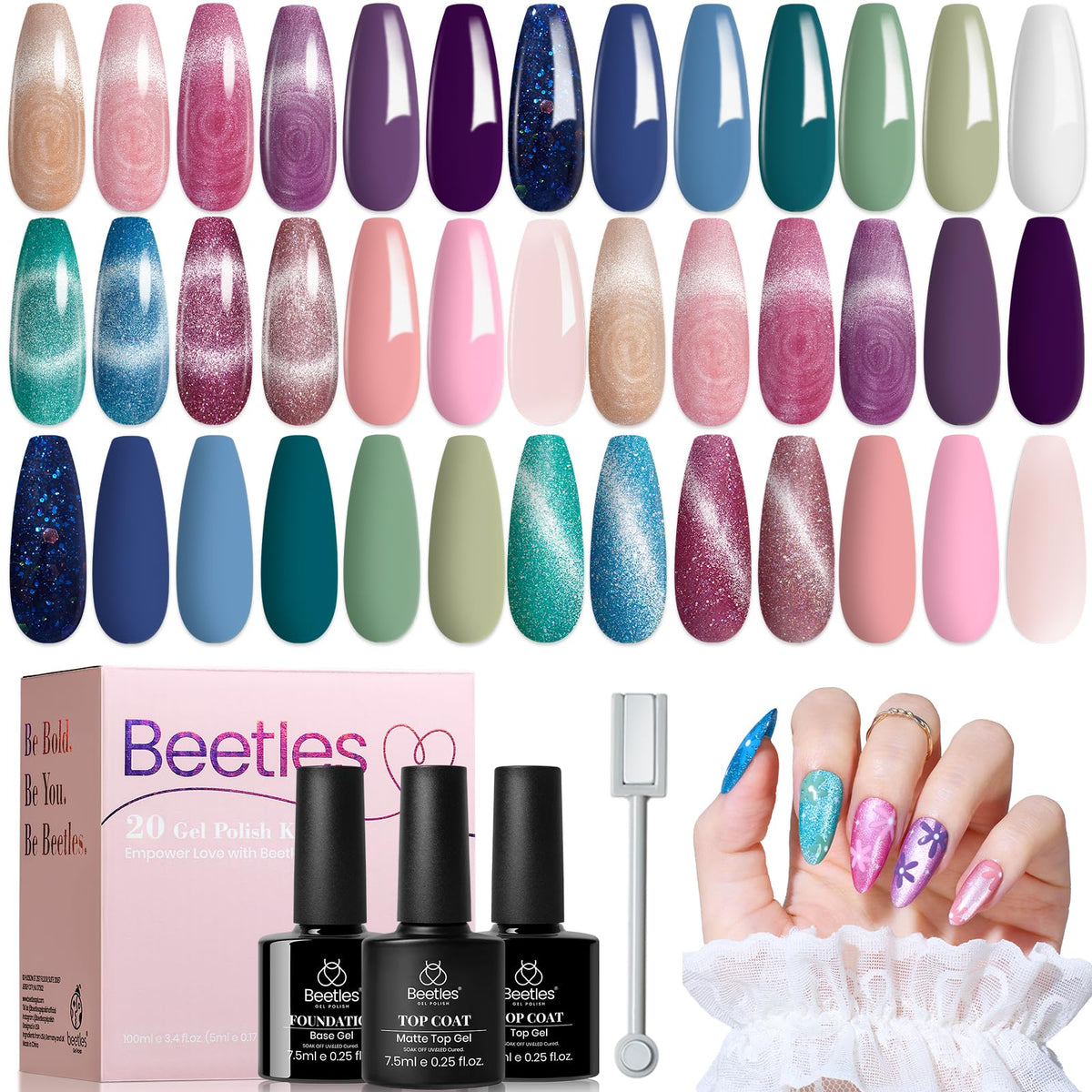 Beetles Cat Eye Floral Verses set packaging showcases 20 colors for versatile nail art ideas.