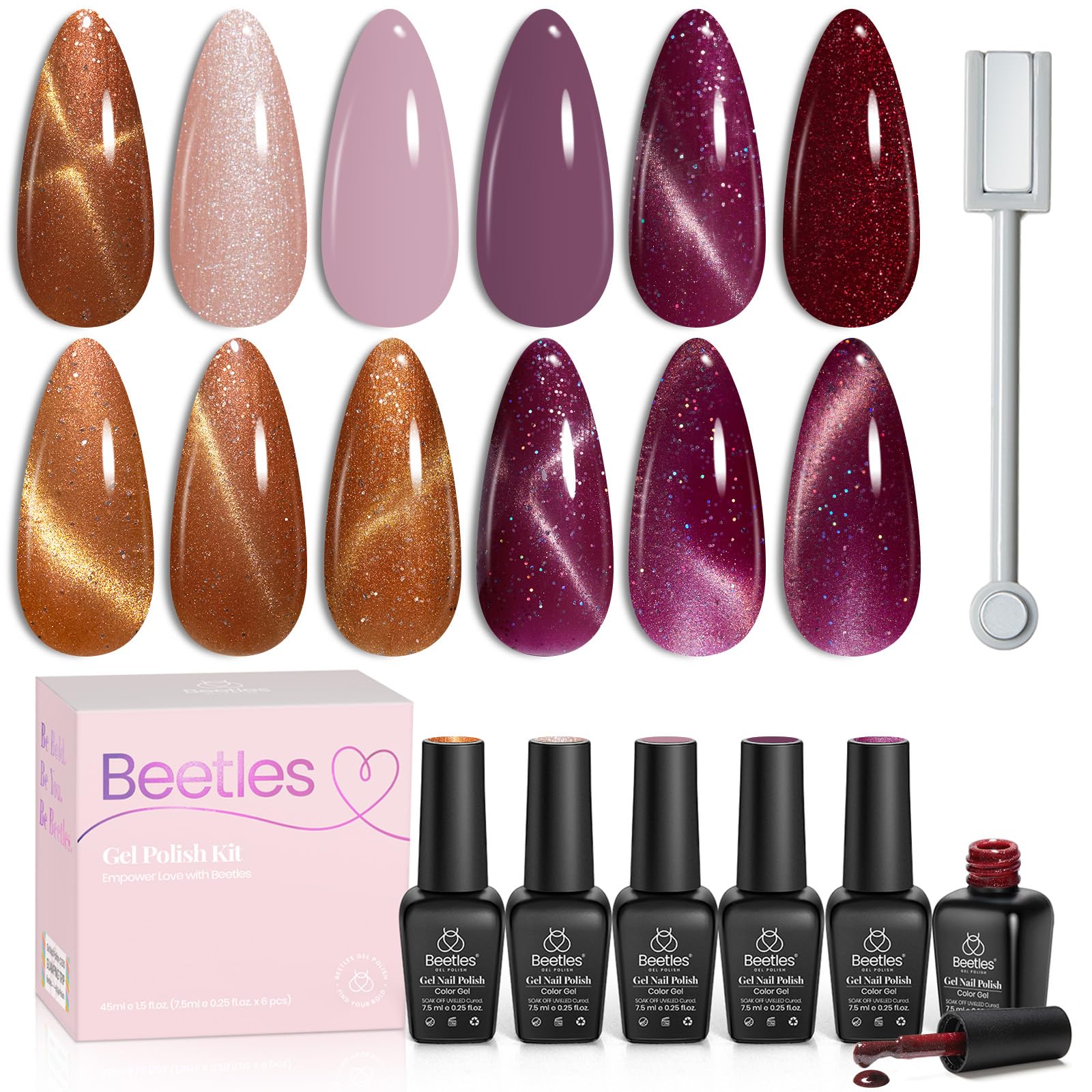 Beetles Cat Eye Gel Nail Polish d016 swatch features rich gold-burgundy shimmer