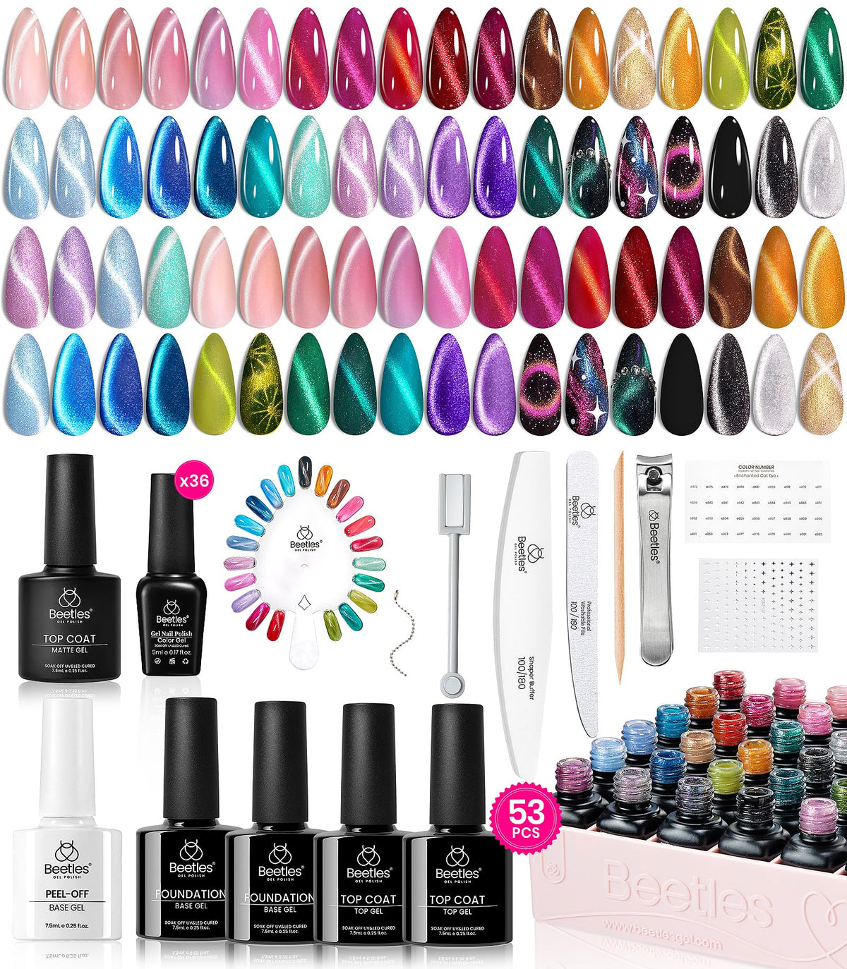 Beetles cat eye gel nail polish set shows 36 colors for at home salon results