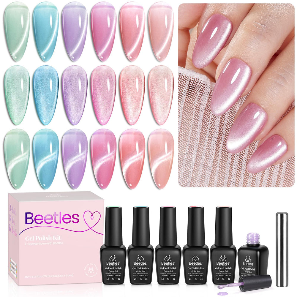 Beetles Cat Eye Gel Nail Polish Set shows six colors with velvet shimmer and elegant finish.