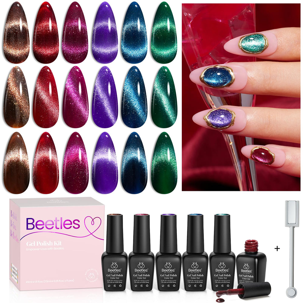 Beetles Cat Eye Gel Polish Set shows six vibrant colors for stylish nails.