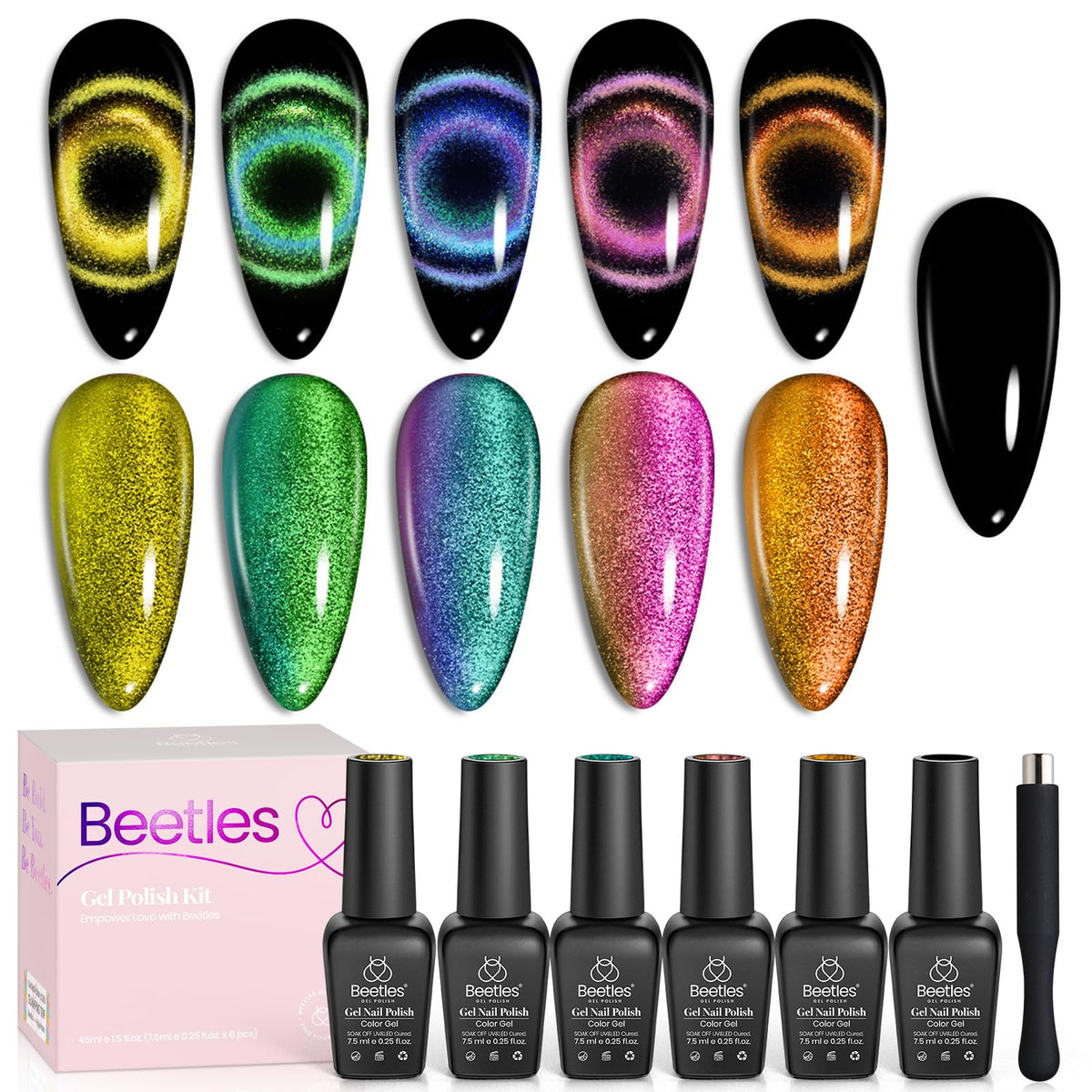 Beetles Cat Eye Gel Nail Polish Set with six color-shift shades for chic looks