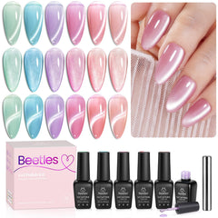 Beetles Cat Eye Gel Nail Polish Set shows six colors with velvet shimmer and elegant finish.