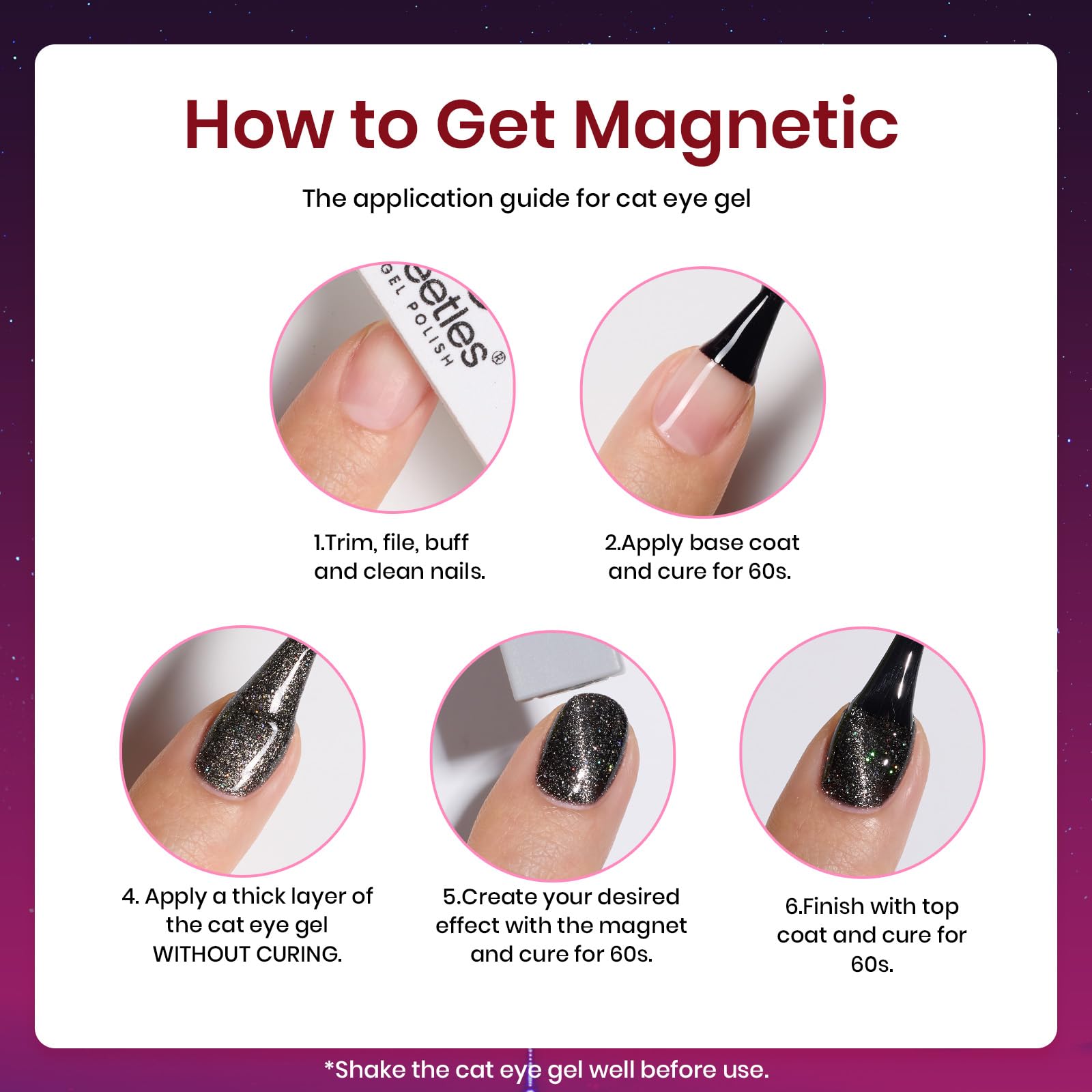 Beetles Cat Eye magnet application creates a clear cat-eye stripe on nails