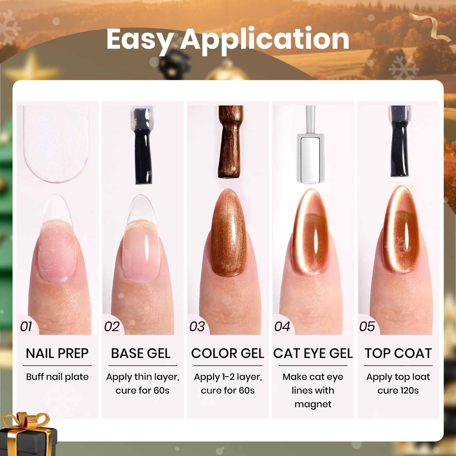 Beetles cat-eye nail kit usage steps and instructions.