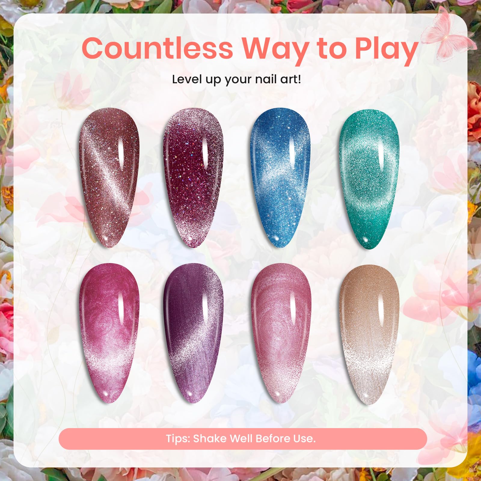 Beetles Cat Eye polish bottles display vivid shades ready for chic manicures.
