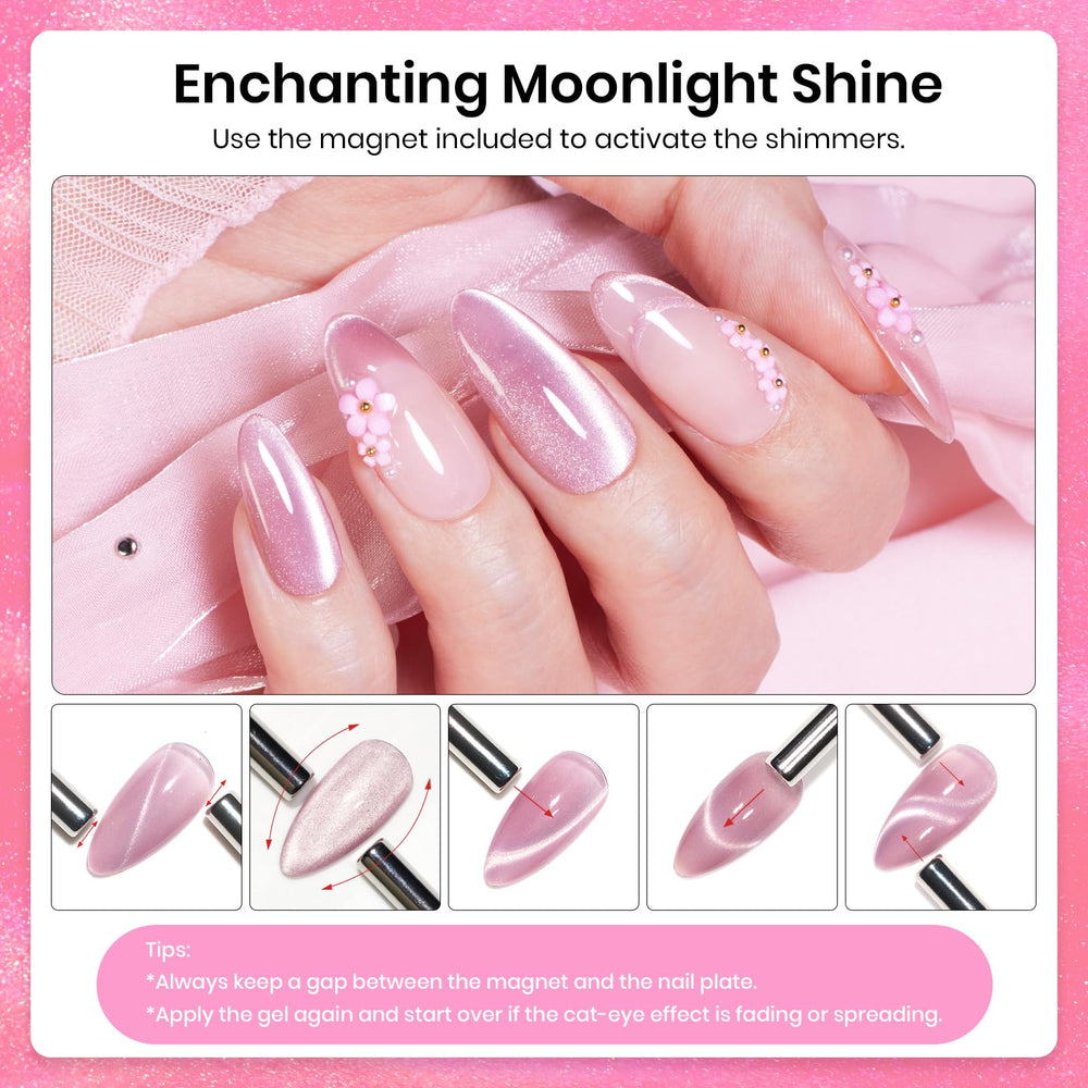 Beetles Cat Eye Gel Polish on nails shows a translucent pink, glassy finish.