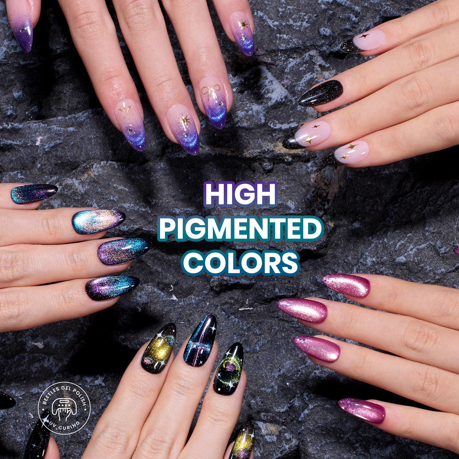 Beetles swatches illustrate smooth coverage and glossy finish for salon-quality nails.