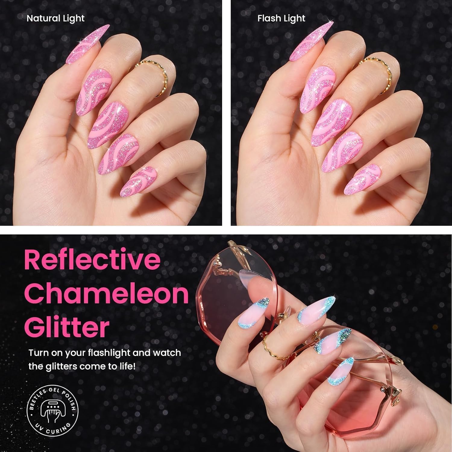 Beetles Chameleon Gel Polish sparkle diamond powder close-up highlights radiant glitter