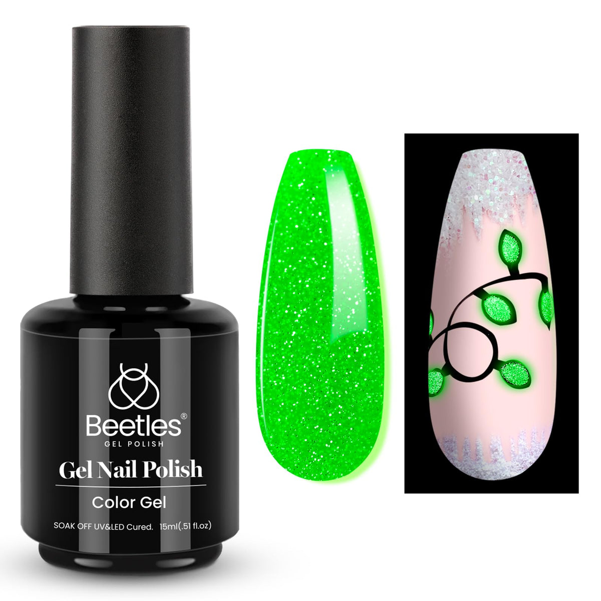 Beetles Christmas Gel Polish bottle glowing after light exposure for holiday flair.