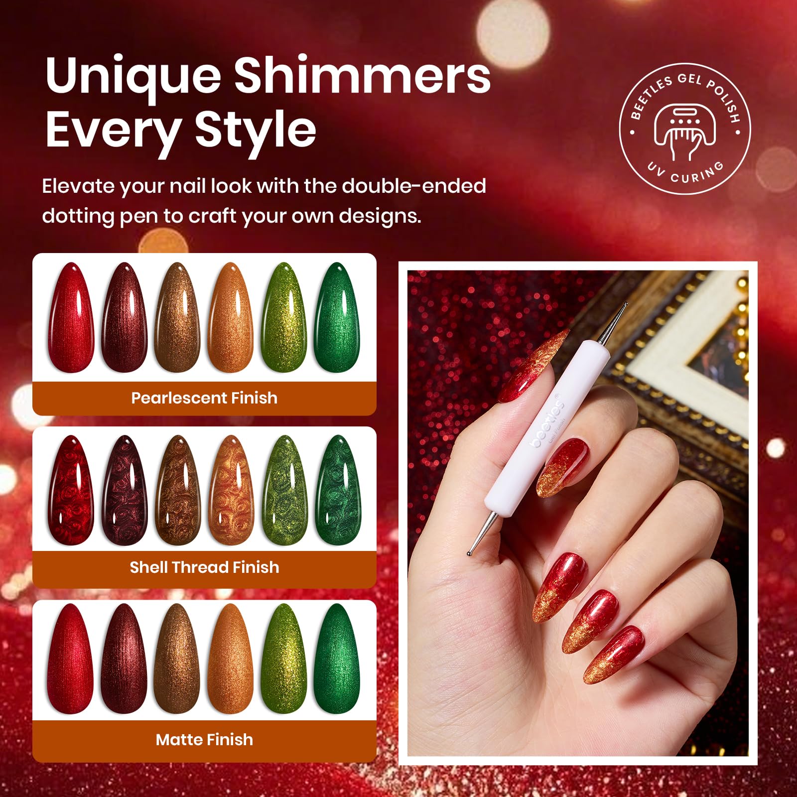 Beetles Christmas polishes swatches reveal orange to green hues for warm winter looks.