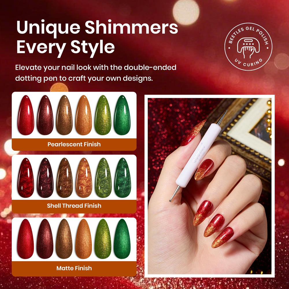 Beetles Christmas polishes swatches reveal orange to green hues for warm winter looks.