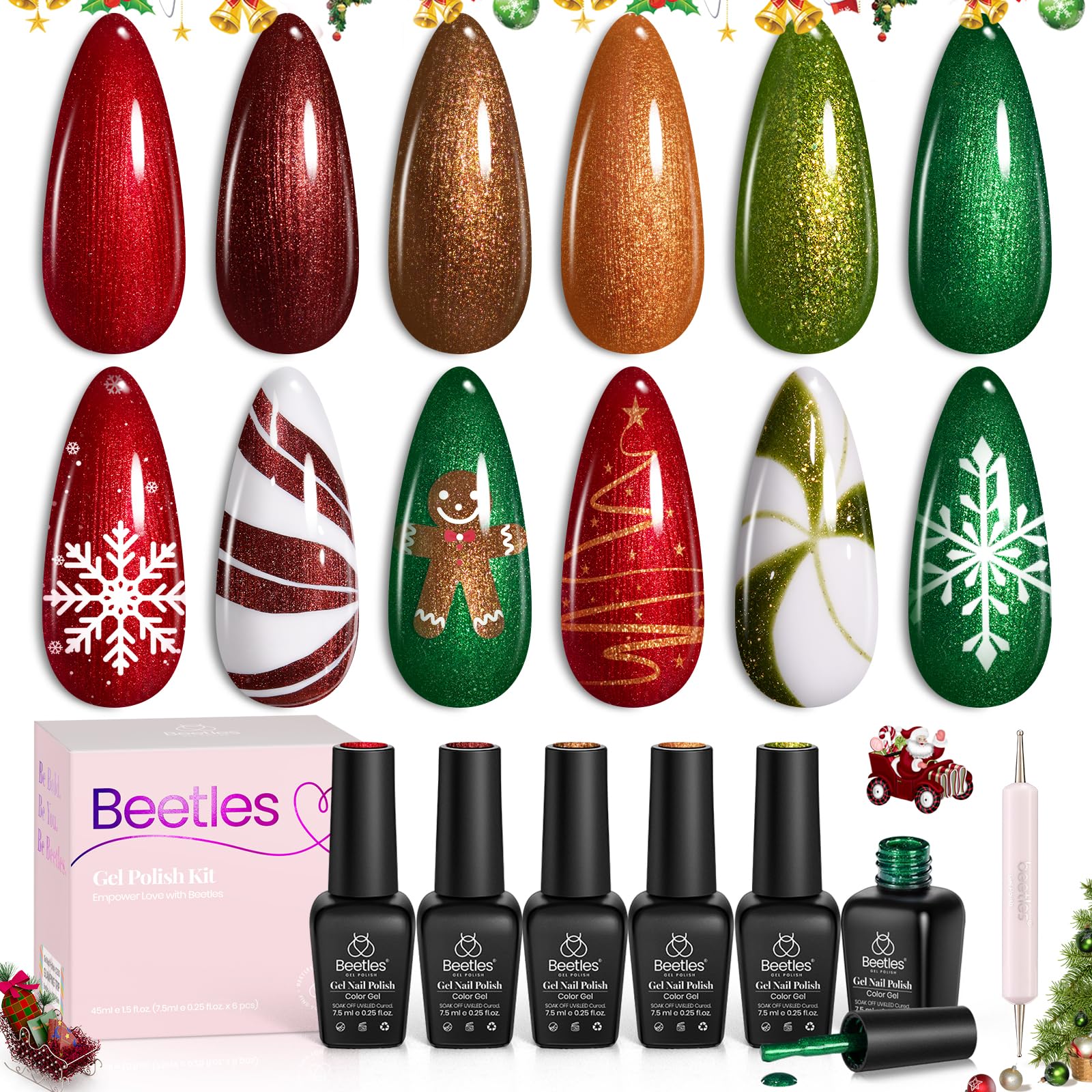 Beetles Christmas Gel Polish Set display with six festive colors for holiday nails.