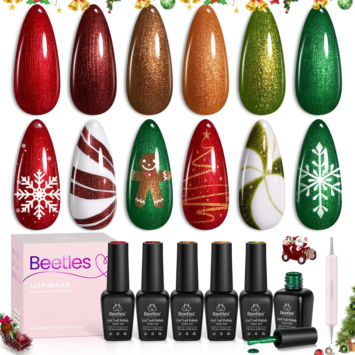 Beetles Christmas Gel Polish Set display with six festive colors for holiday nails.