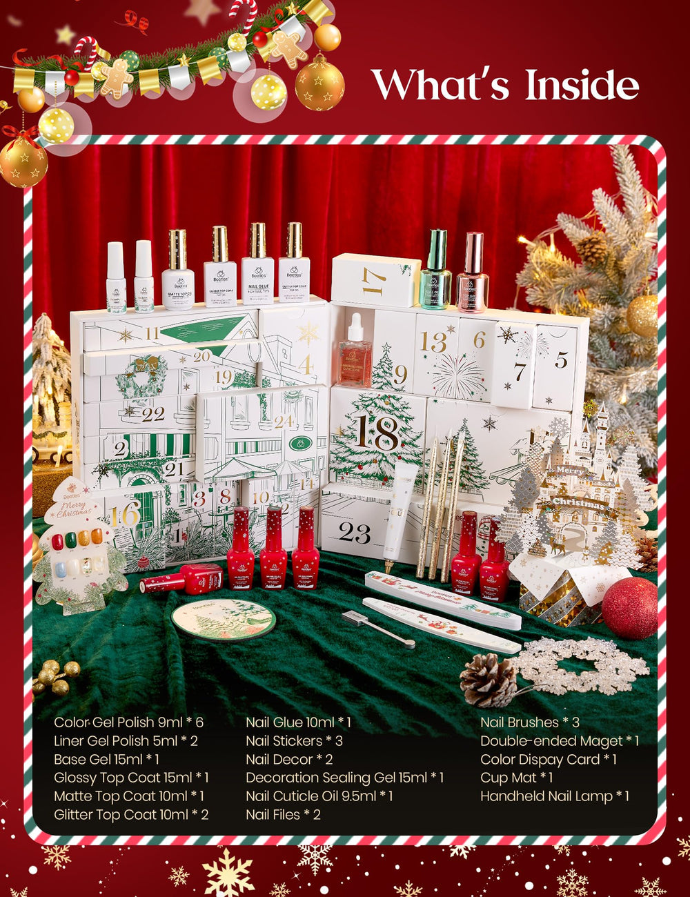 Beetles Christmas stickers and diamond decorations for festive nail art