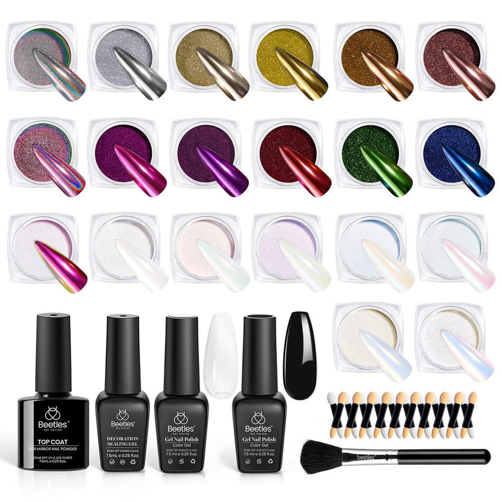 Beetles chrome nail powder kit with 20 jars delivers brilliant reflective finish