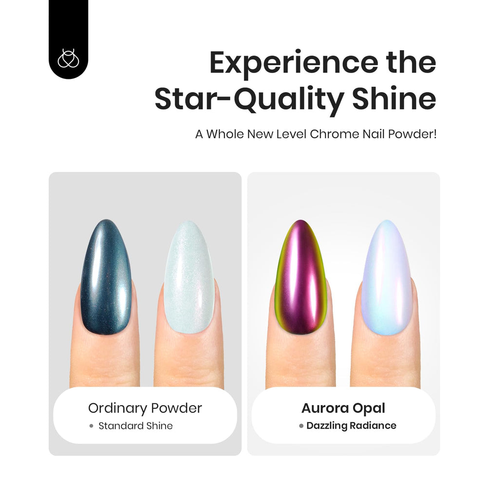Beetles Chrome Nail Powder Mirror Effect shows holographic sheen on nails.