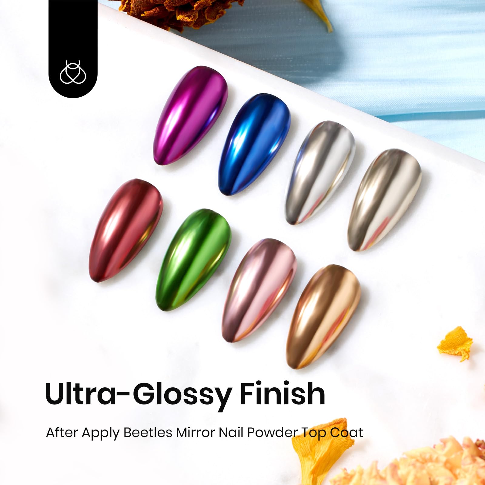 Beetles Chrome Nail Powder Shine demonstrates radiant chrome look and long wear