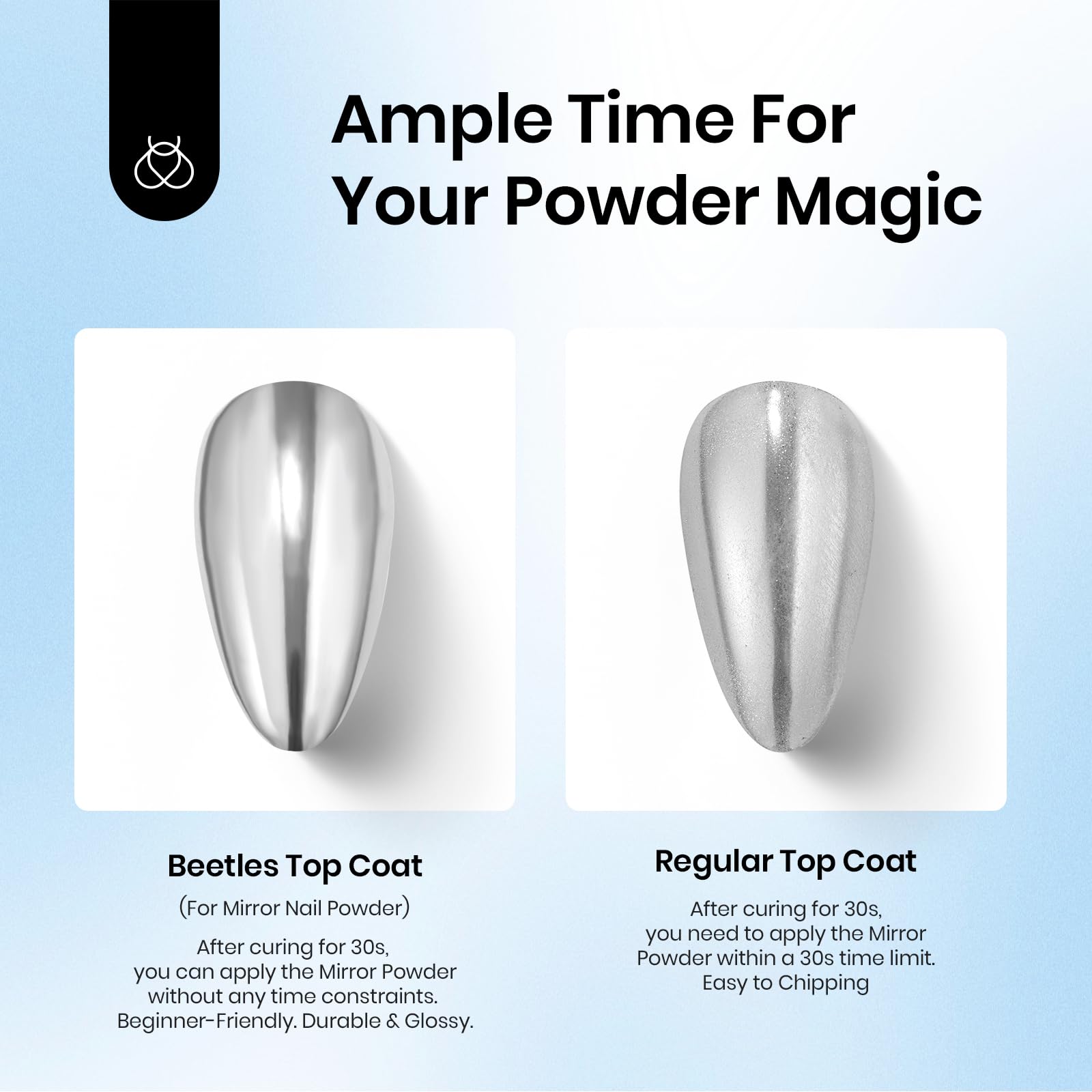 Beetles Chrome Top Coat bottle application shows smooth, even coating for professional nails