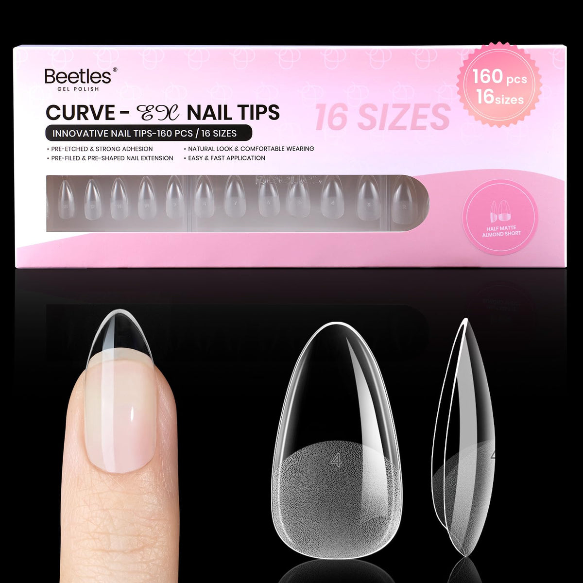 Beetles Curve-EX almond short 160pcs pack ready for secure long wear and easy DIY nails