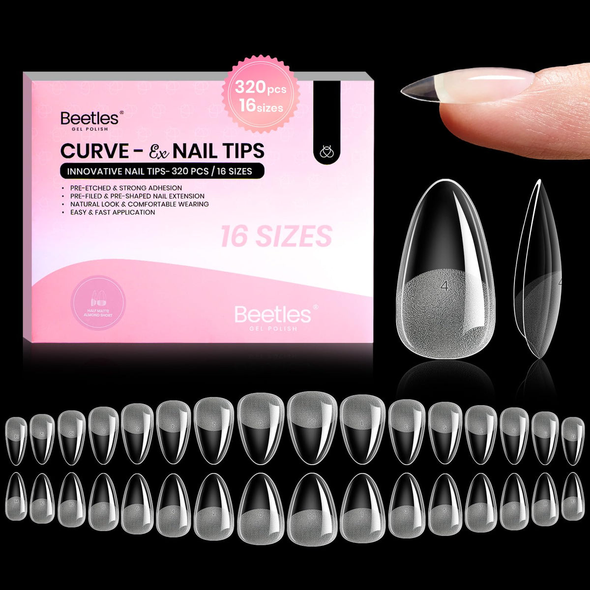 Beetles Curve-EX Almond Short tips closeup showing secure fit and curved arch for durability