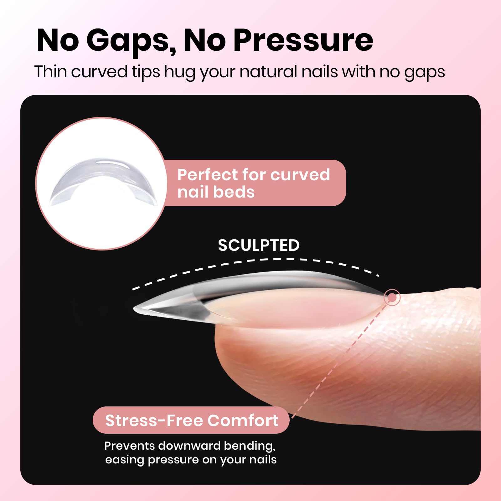 Beetles Curve-EX almond short tips shown for easy at-home DIY extensions